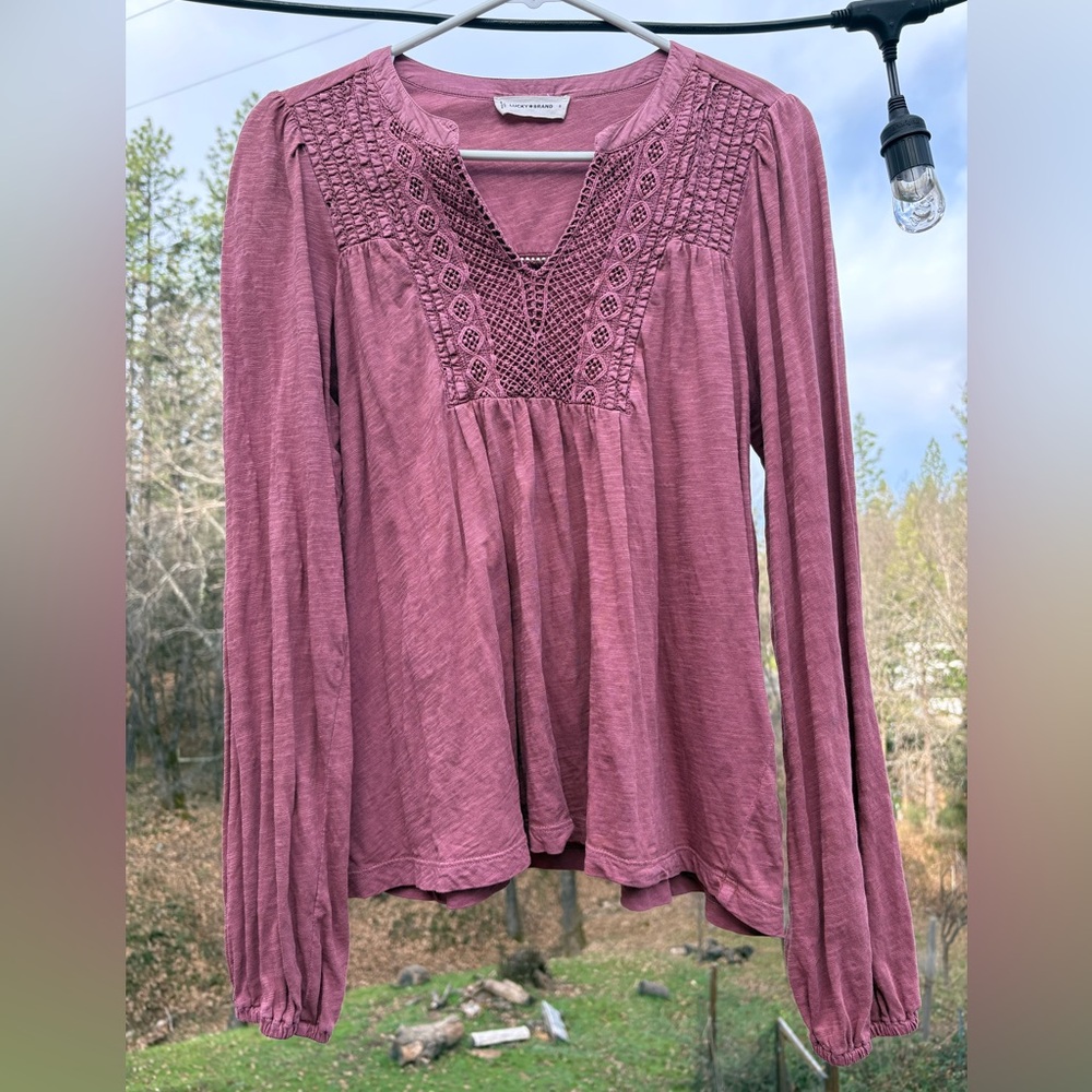 Lucky Brand Lace Pintuck Yoke Cotton Peasant Top